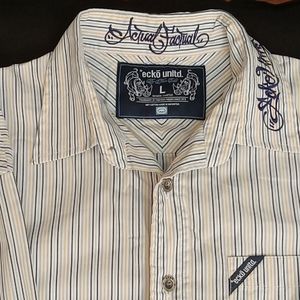 ECKO Unltd White Long Sleeve Button Down w/ Yellow/Navy/Gray Stripes Men's Large